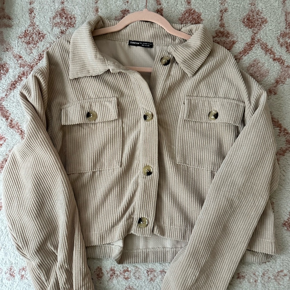 Beige Khaki Corduroy Button Up Cropped Shacket